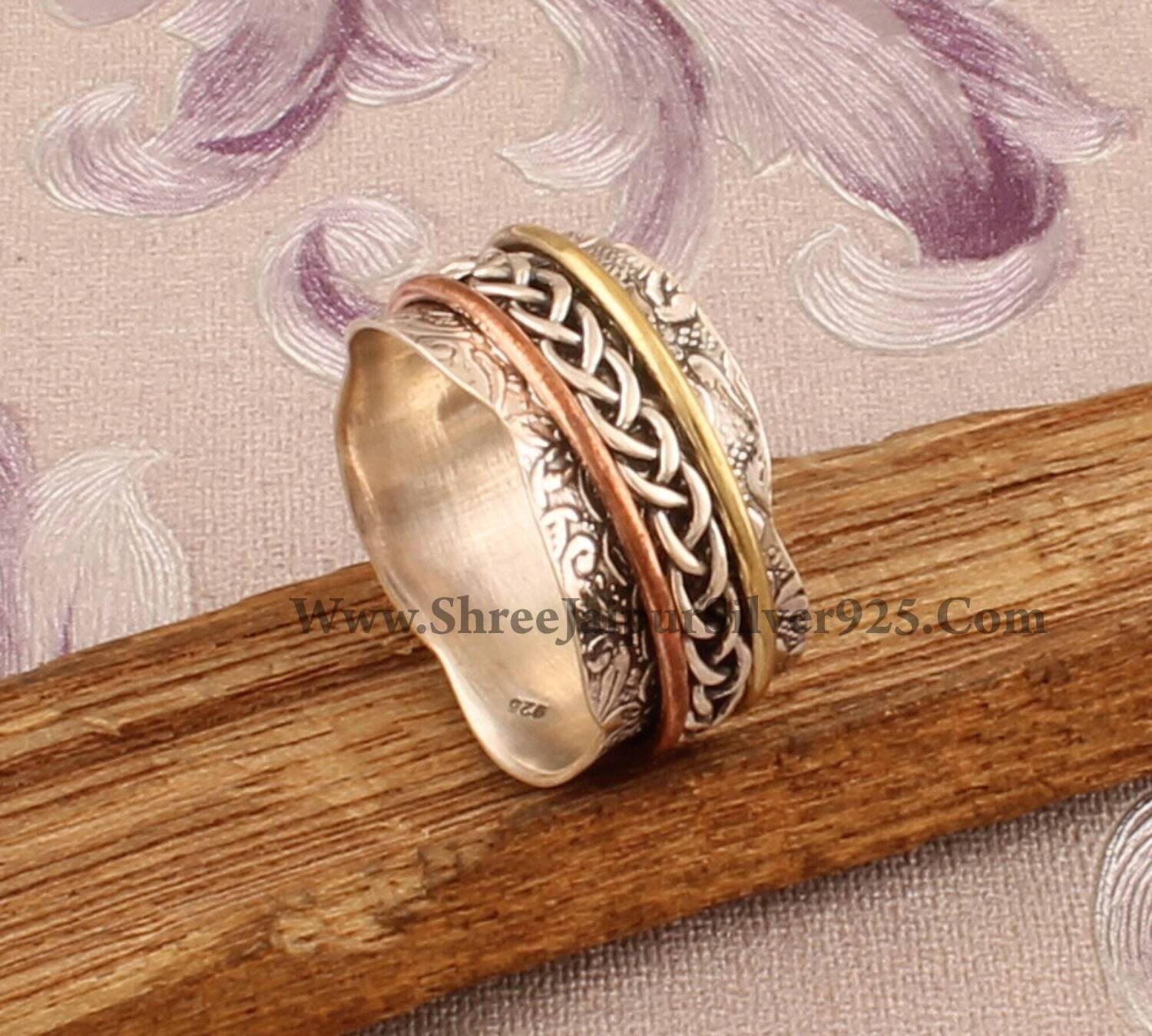 925 Sterling Silver Braided Spinner Ring, Handmade Three Tone Meditation Ring, Worry Carved Band Ring, Anxiety Rings Ring Gift Idea Jewelry