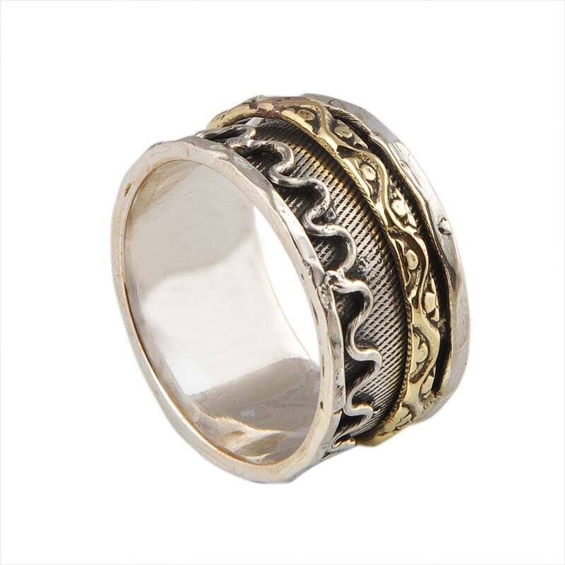 Solid 925 Sterling Silver Wave Spinner Ring For Women, Handmade Two Tone Wave Meditation Ring For Wedding, Designer Worry Anxiety Ring Gift