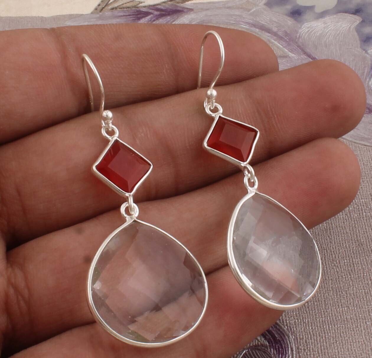 Combo Gemstone Earring Crystal+Red Onyx Gemstone Earring 925-Sterling Silver Earring Big Size Two Stone Earring Gift For Her Earring