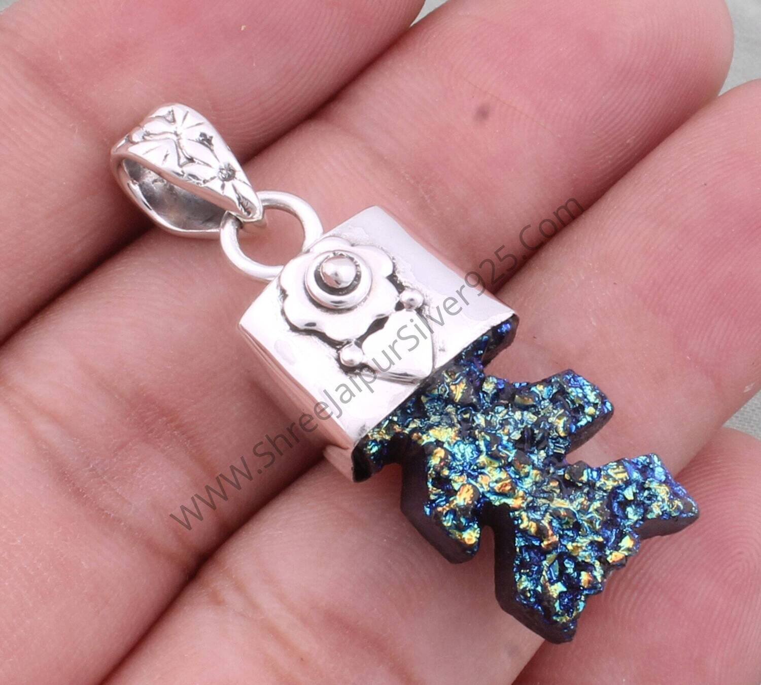 Fancy Shape Titanium Druzy Silver Pendant, 925 Sterling Silver Pendant, Sparkly Druzy Pendant, Heart Silver Pendant Flower Jewelry For Women
