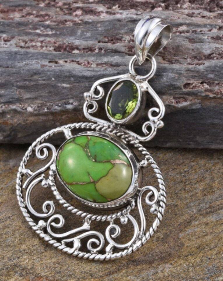 Green Copper Turquoise &amp; Natural Peridot Gemstone Pendant, 925 Sterling Silver Pendant, Designer Handmade Jewelry Gifts For Friends Pendant