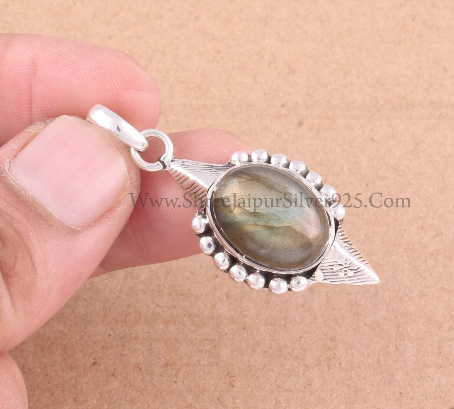 Natural Labradorite Solid 925 Sterling Silver Necklace Pendant For Women, Handmade Engraved Designer Arrow Pendant For Wedding Anniversary