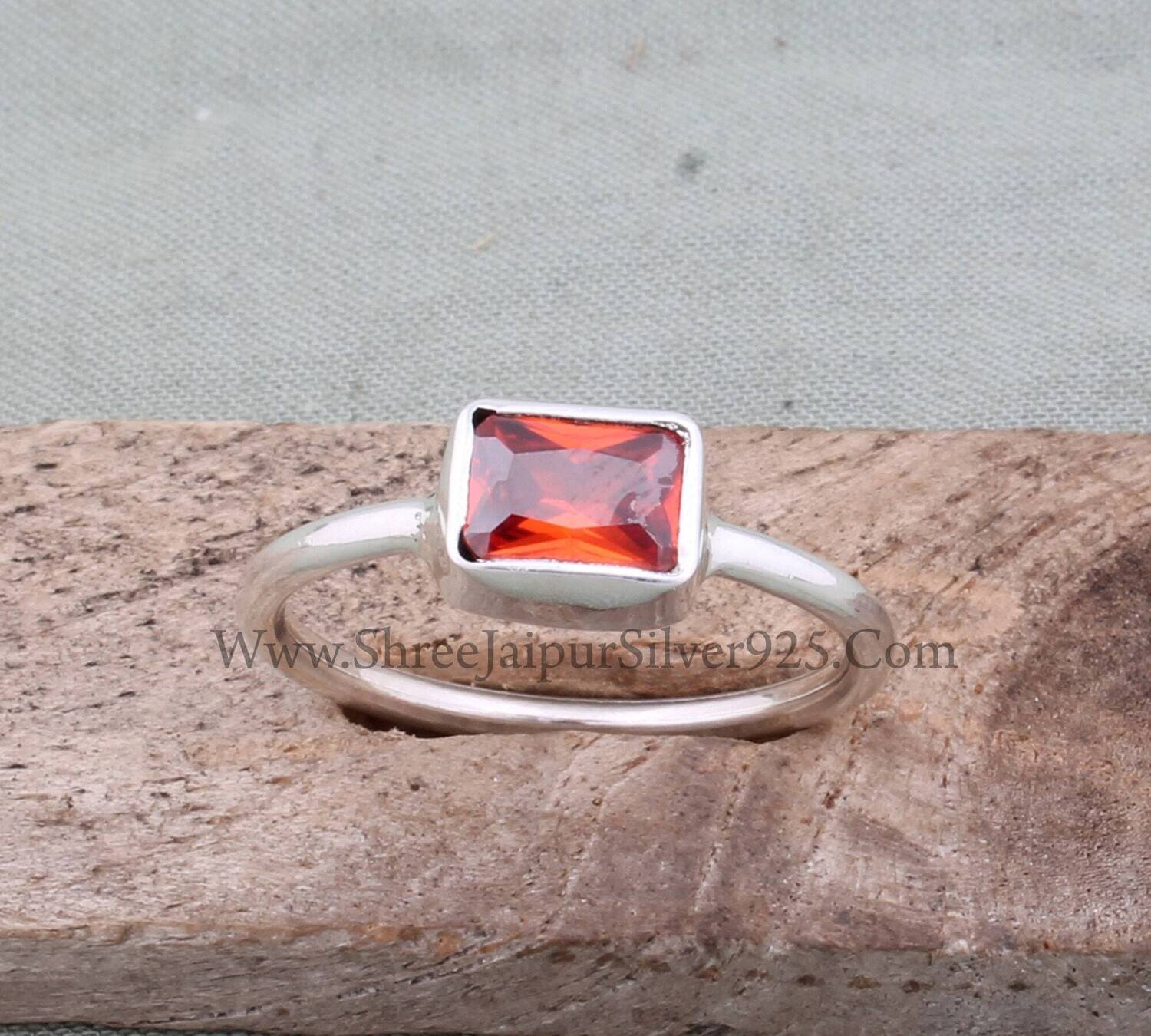 Red Cubic Zircon Emerald Cut Stone Solid 925 Sterling Silver Ring For Women, Handmade Solid Silver Ring For Wedding Anniversary Gift Idea