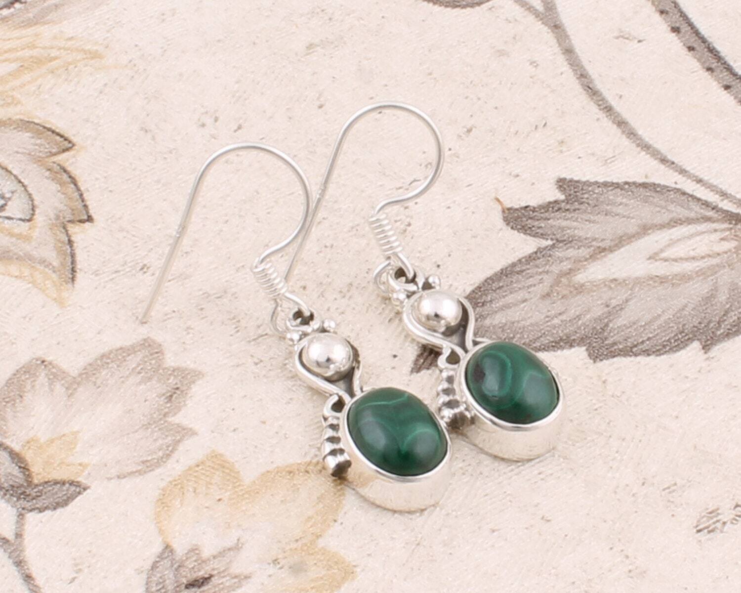 Malachite Earrings, 925 Sterling Silver Teardrop Earrings, boho earrings, rich green gemstone earrings, green earrings, holiday gift for her