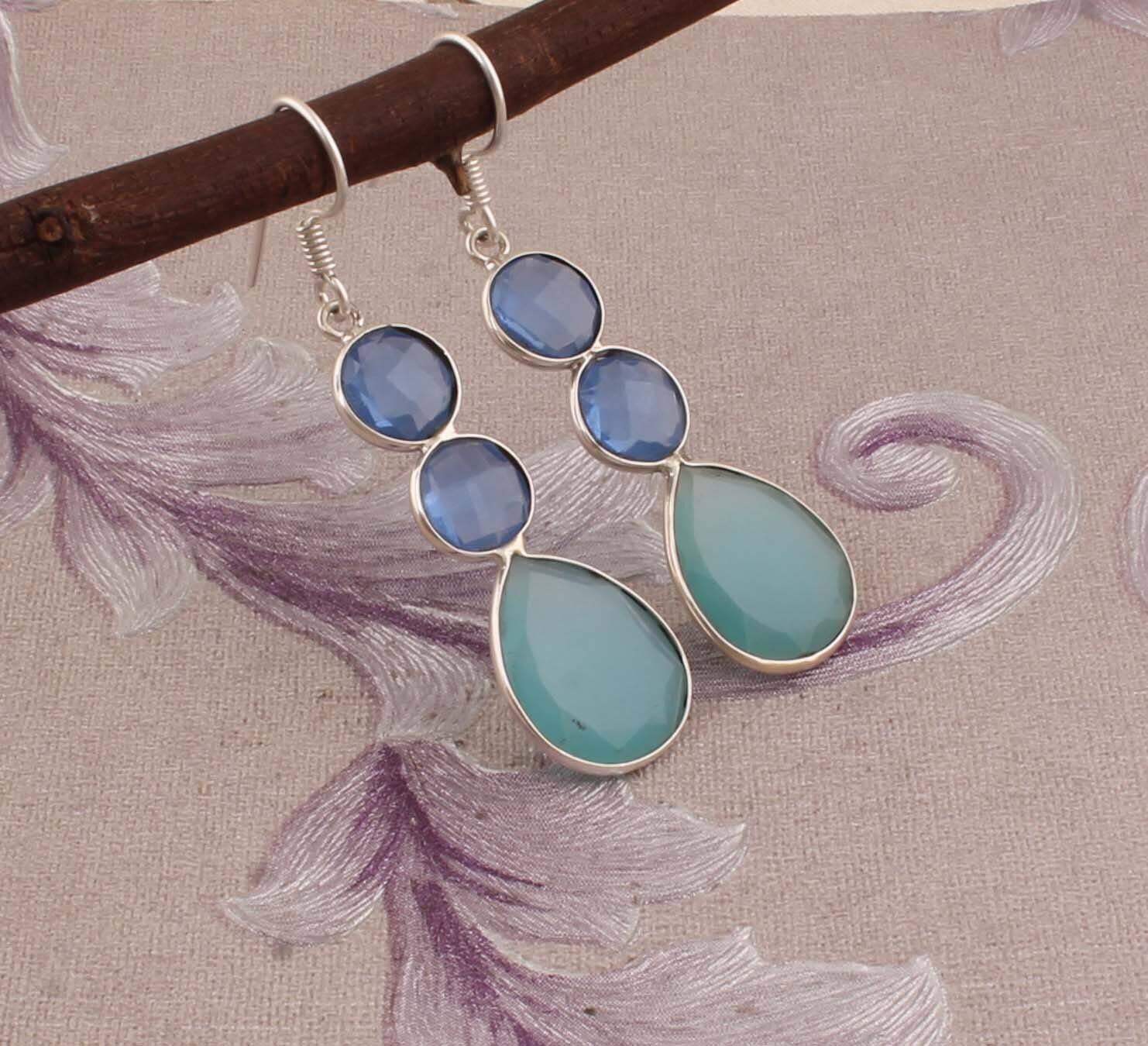 Combo Gemstone Earring Aquacalci+Blue Glass Gemstone Earring 925-Sterling Silver Earring Big Size Three Stone Earring Long Gift Earring