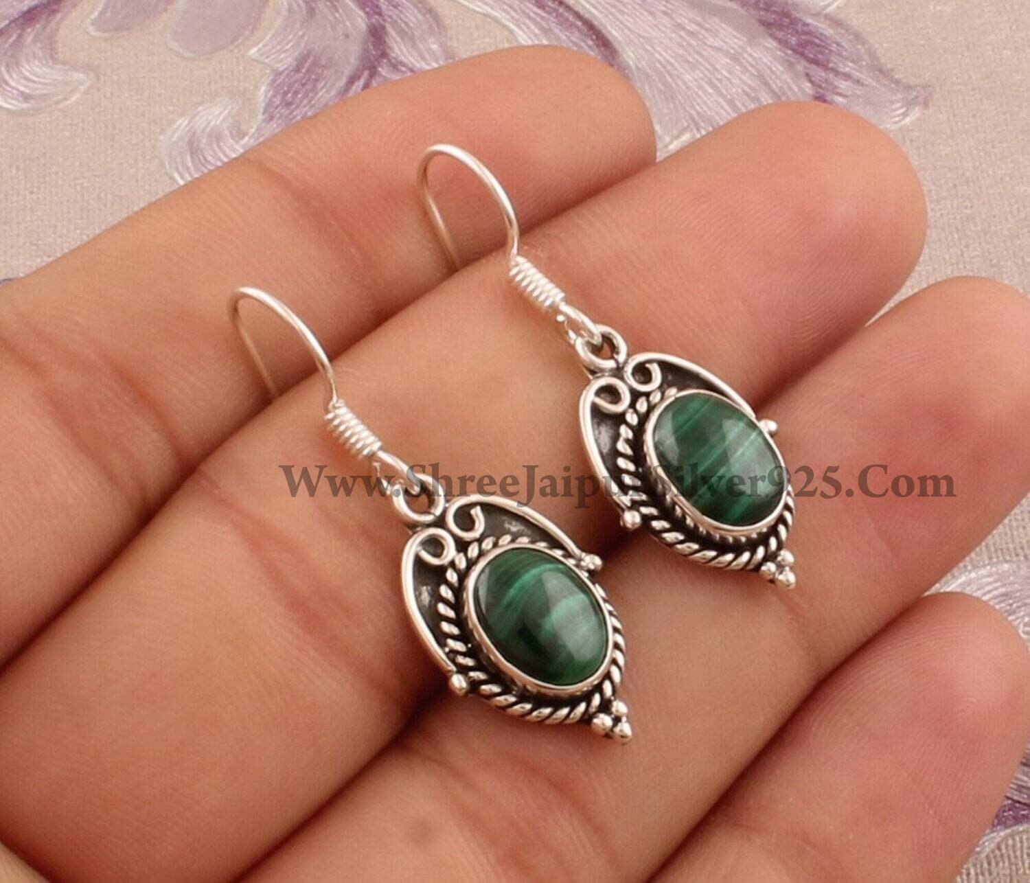 Malachite AAA+Quality Gemstone Earring,Oval Cabochon Stone Earring 925-Sterling Silver Earring,Antique Silver Earring Gift For HerBirthstone
