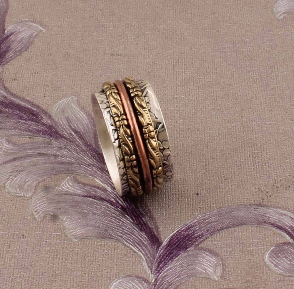 Three Tone Ring 925-Sterling Silver Ring,Spinner Ring,Antique Silver Ring,Brass With  Copper With Silver Spinner Ring Thumb RingCyber2021