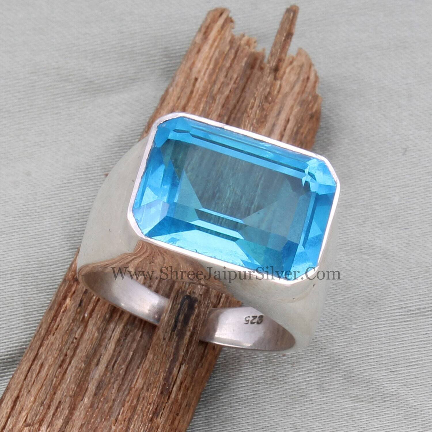 Swiss Blue Topaz Quartz Solid 925 Sterling Silver Ring For Men, Handmade Vintage Emerald Cut Stone Ring Gifts For Him Wedding Anniversary
