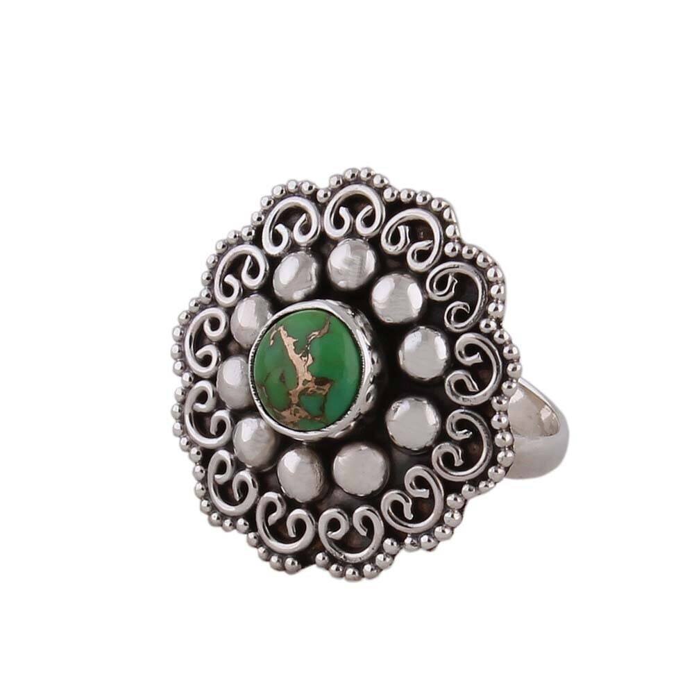Composite Turquoise Gemstone Silver Ring, 925 Sterling Silver Ring, Designer Flower Silver Ring, Turquoise Round Ring, Engagement Ring