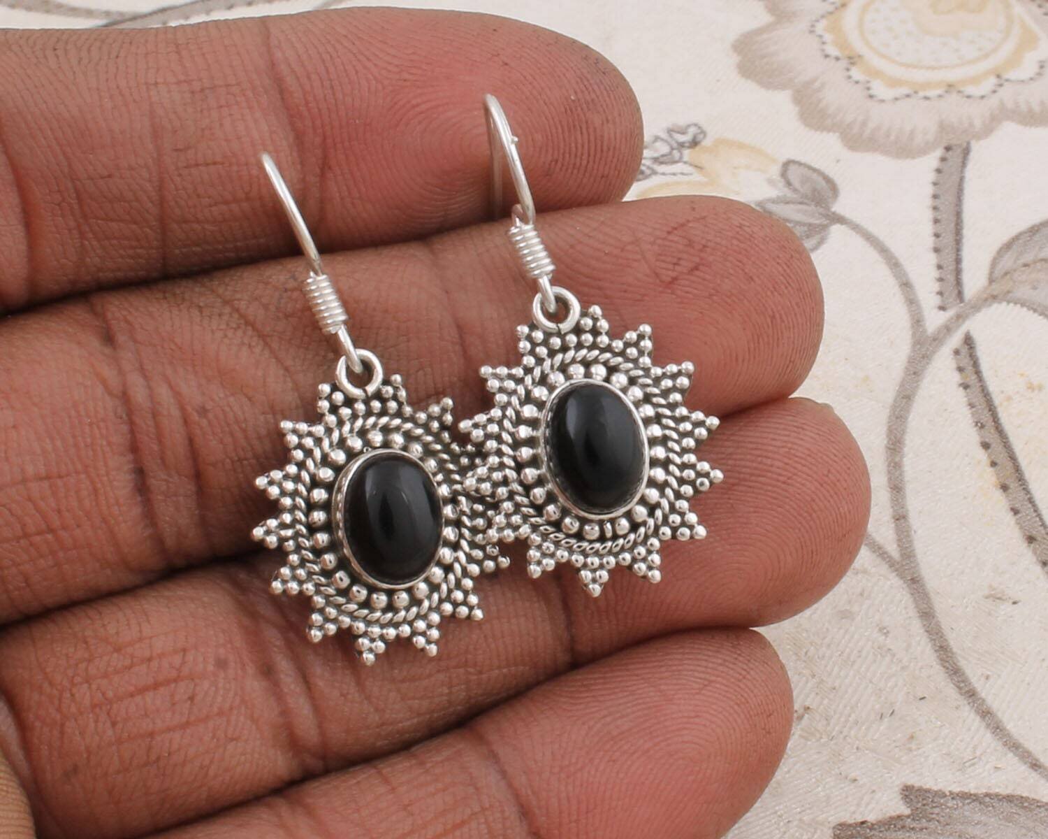 Solid Silver Black Onyx Gemstone Handmade Earring Cabochon Stone Boho Earring 925-Antique Silver Earring Etsy Cyber Valentine's Day Gift