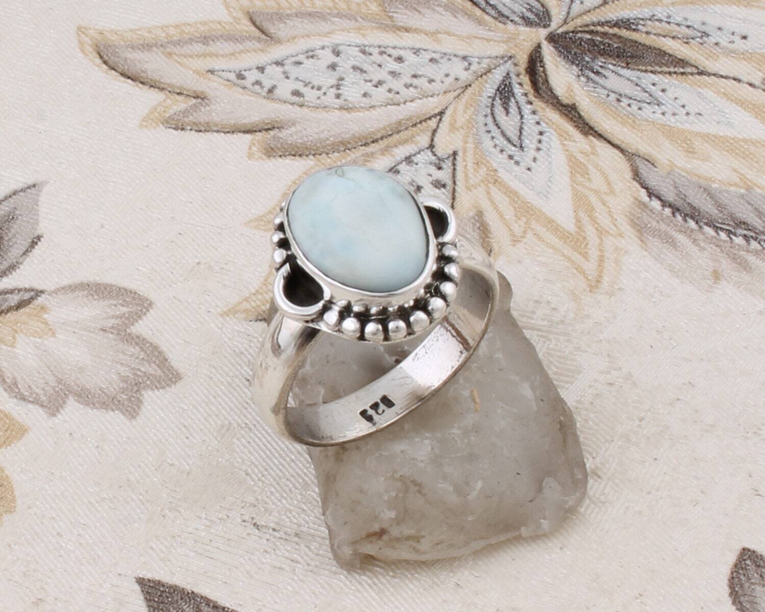 Handcrafted Ring With Natural Larimar Gemstone Ring Cabochon Stone Boho Ring Solid 925- Sterling Silver Ring,Girls Middle Finger Ring