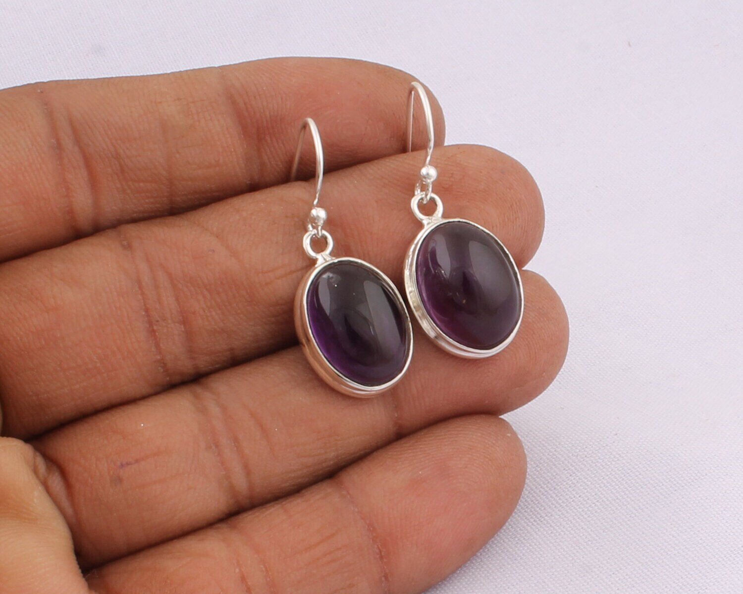 Natural Amethyst Gemstone Cabochon Stone Earring - 925 Sterling Solid Silver Earring Handmade Jewelry, Anniversary Wedding Gift For Her