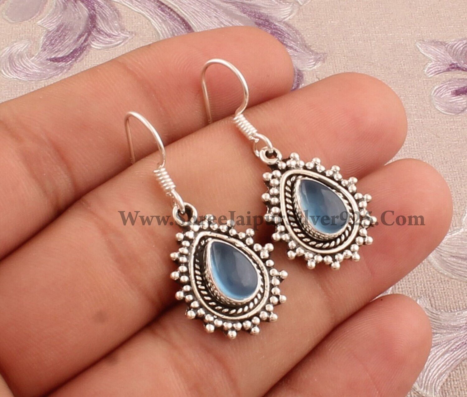 925 Sterling Silver Boho Jewelry, Blue Chalcedony Pear Shape Gemstone Earrings For Women, Cabochon Stone Boho Earrings, Valentine' Day Gift
