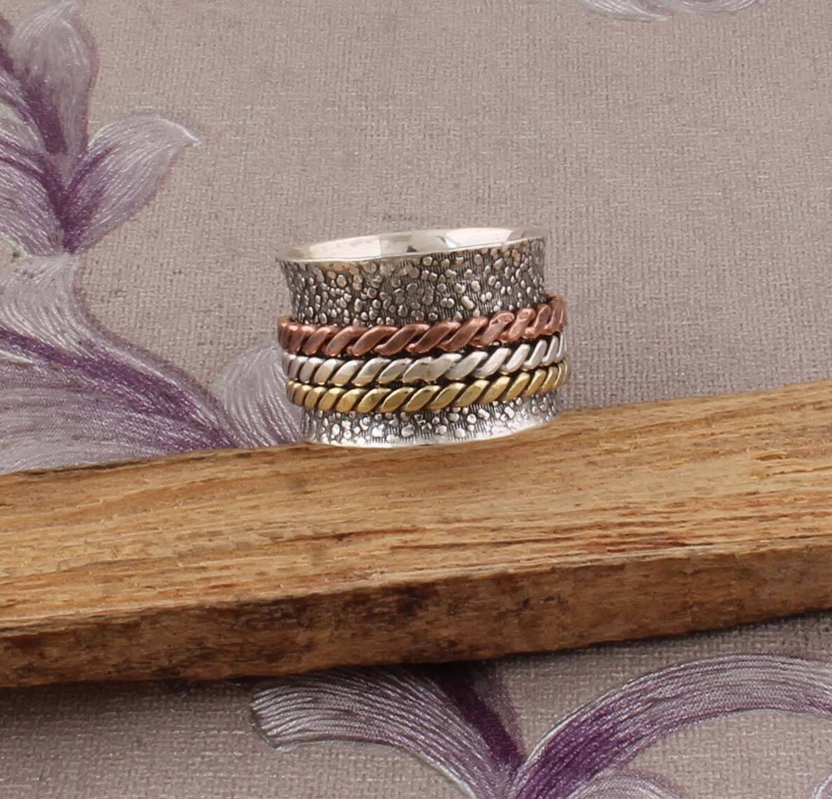 Three Tone Ring 925-Sterling Silver Ring,Spinner Ring,Antique Silver Ring,Brass With  Copper With Silver Spinner Ring Thumb RingCyber2021