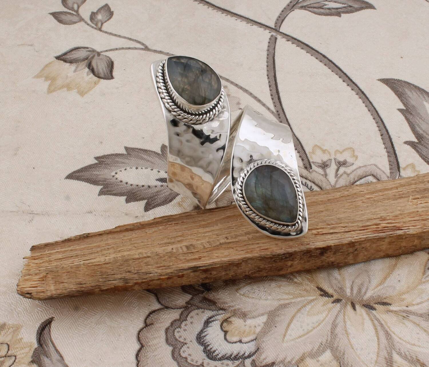Natural Labradorite AAA+Quality Gemstone Ring,Two Pear Stone Ring,925-Antique Silver Ring,Girls Middle Finger Ring, Silver Adjustable Ring