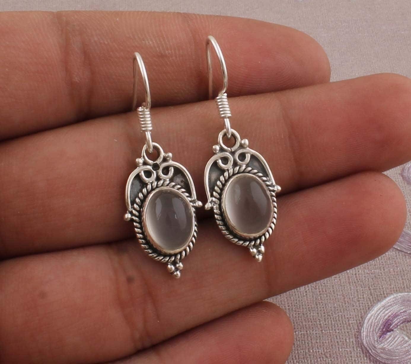 Amazing Moonstone AAA+Quality Gemstone Earring,Oval Cabochon Stone Earring 925-Sterling Silver Earring,Antique Silver Earring Gift For Her