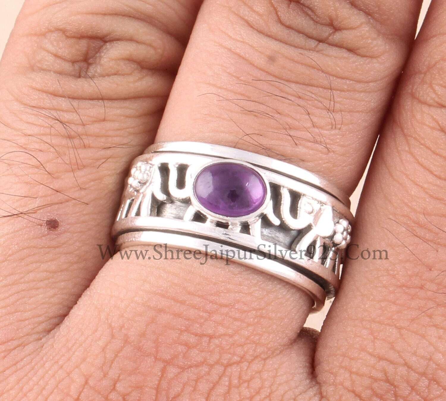 Natural Amethyst Oval Solid 925 Sterling Silver Elephant Spinner Ring For Women, Handmade Band Anxiety Fidget Ring Gifts For Anniversary