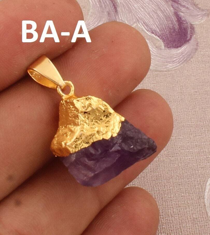 Natural Amethyst Rough Pendant - Yellow Brass Pendant - Amethyst Raw Pendant - Handcrafted Pendant - Amethyst Rough Brass Pendant For Mom
