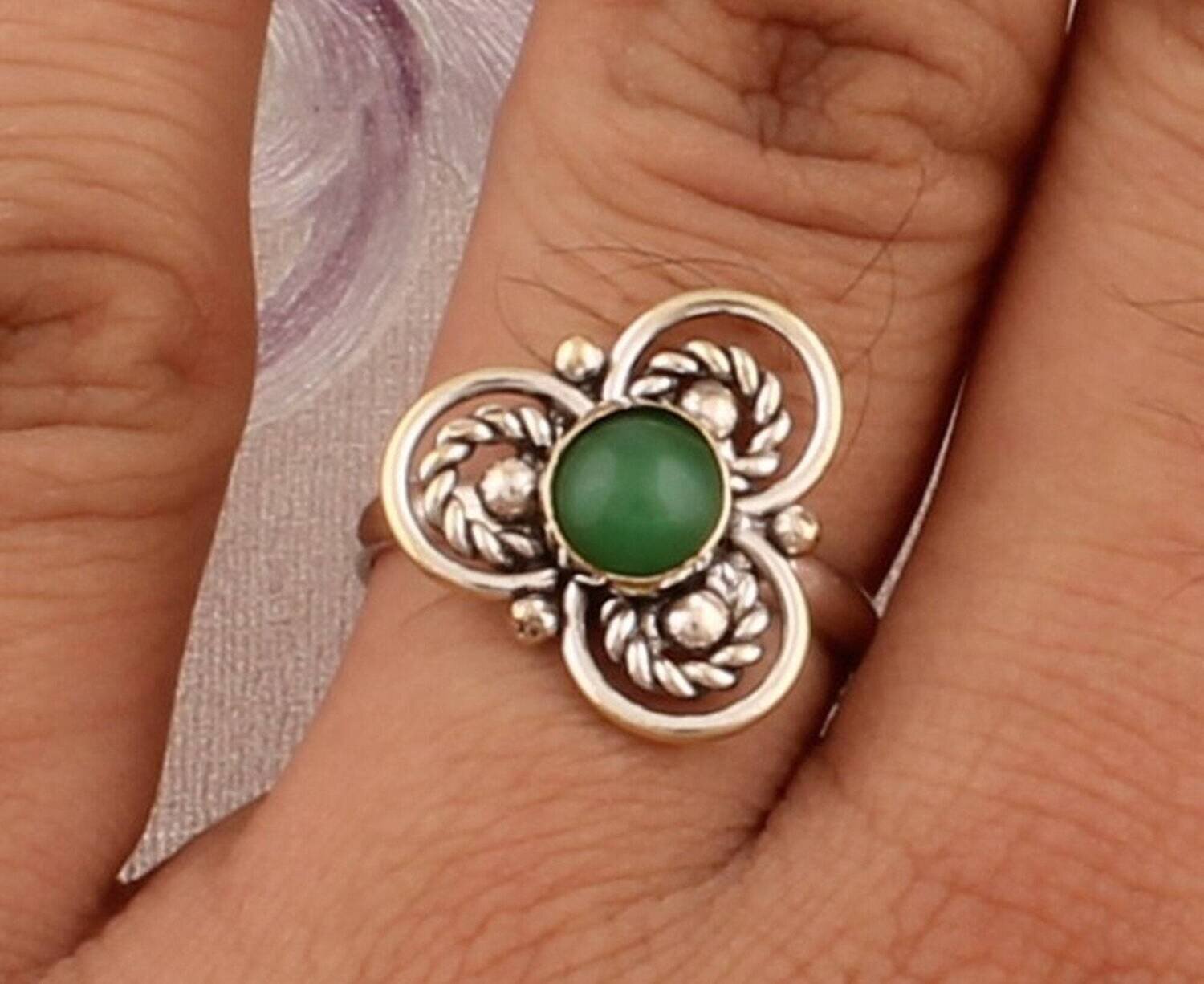 Green Jade Solid 925 Sterling Silver Floral Ring For Women, Handmade Boho Silver Round Stone Floral Ring For Wedding Anniversary Gift Idea