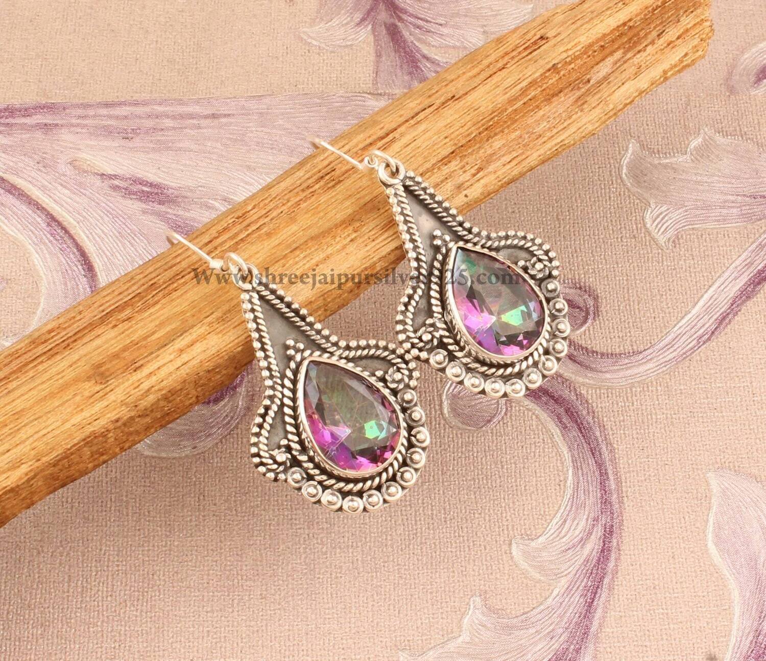 Rainbow Mystic Quartz Solid 925 Sterling Silver Earrings For Women Handmade Pear Cut Stone Indian Earrings For Wedding Anniversary Gift Idea