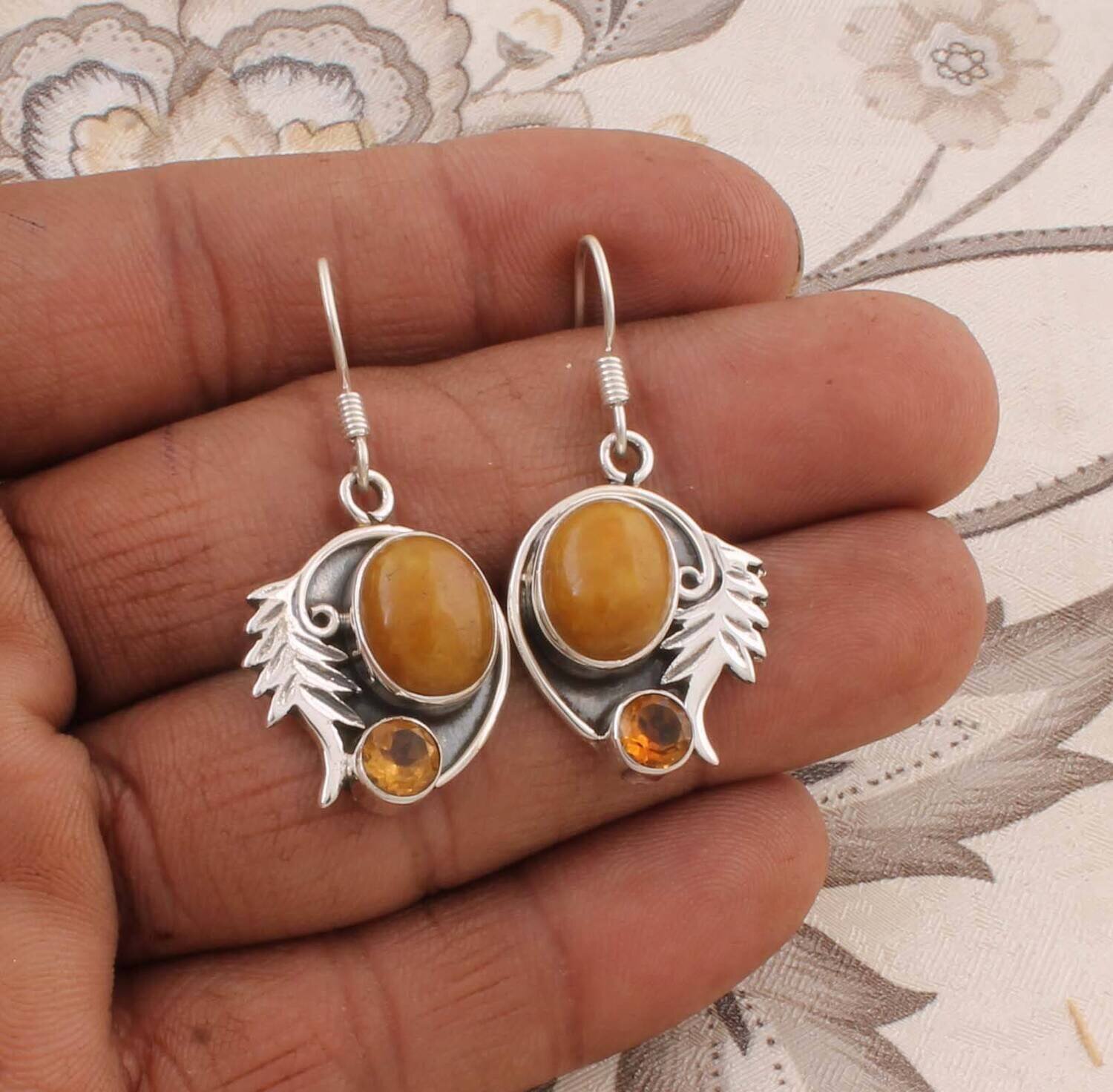 Leaf Yellow Jade &amp; Citrine Gemstone Earring, 925-Antique Silver Sterling Silver Solid Earring, Anniversary Wedding Gift For HerBirthstone