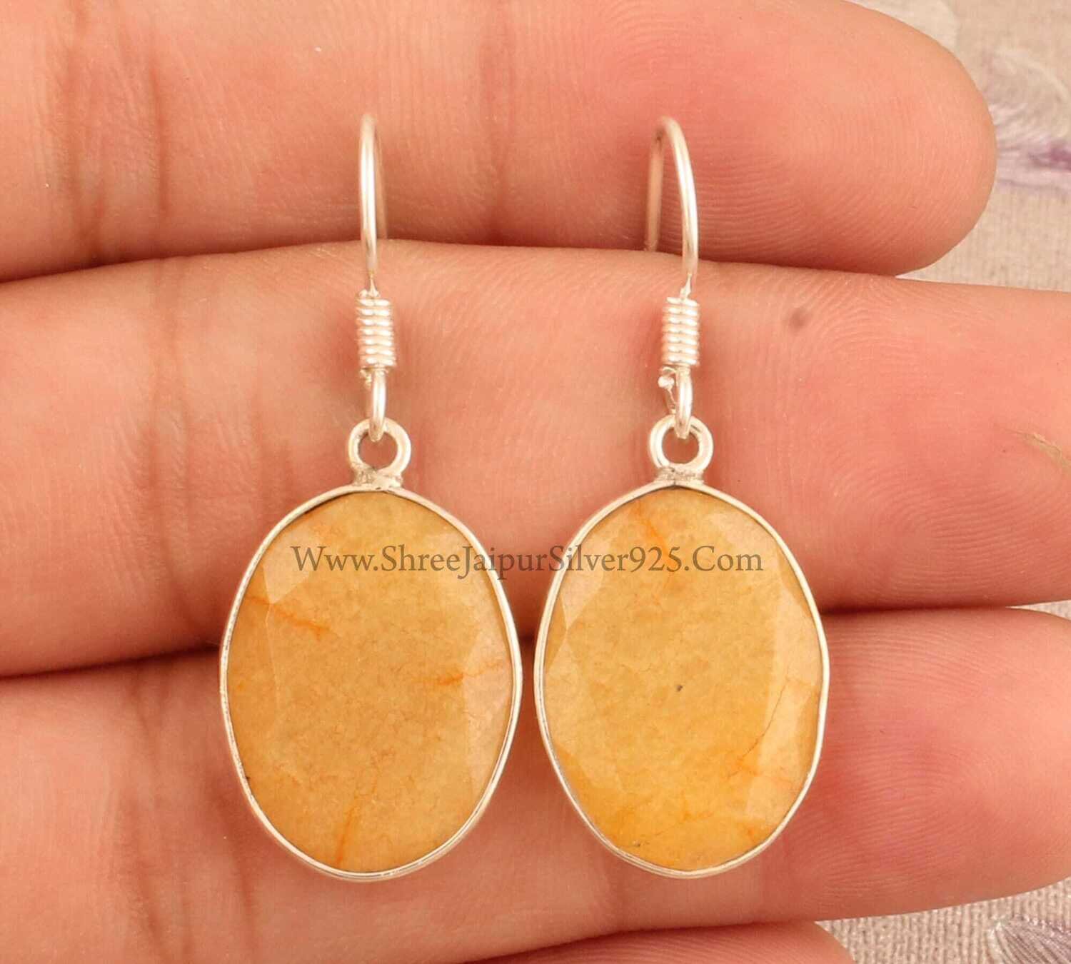 925 Sterling Silver Yellow Jade Gemstone Earrings, Designer Boho Silver Earrings,Handmade Earrings, Oval Face Silver Women Jewelry Gift