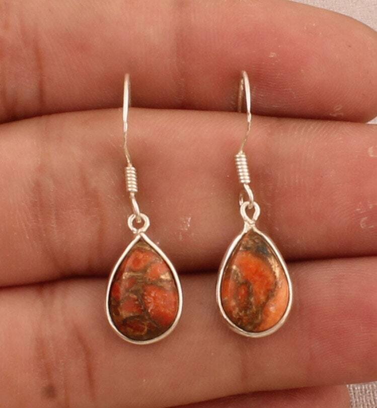 Designer Bezel Set Silver Earrings, Orange Copper Turquoise Pear Shape Gemstone Earrings, 925 Sterling Silver Earrings, Handcrafted Earrings