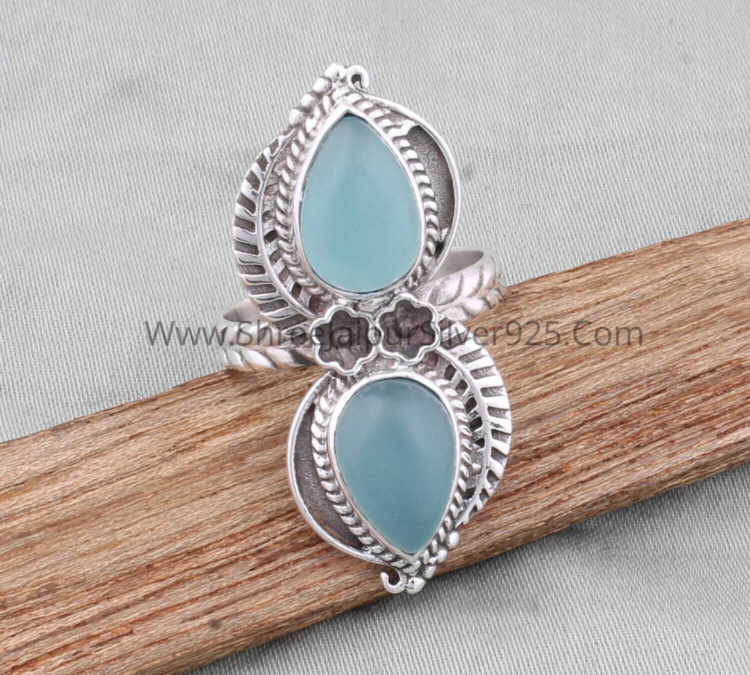 Aqua Blue Chalcedony Carved Leaves Solid 925 Sterling Silver EngravedBirthstone