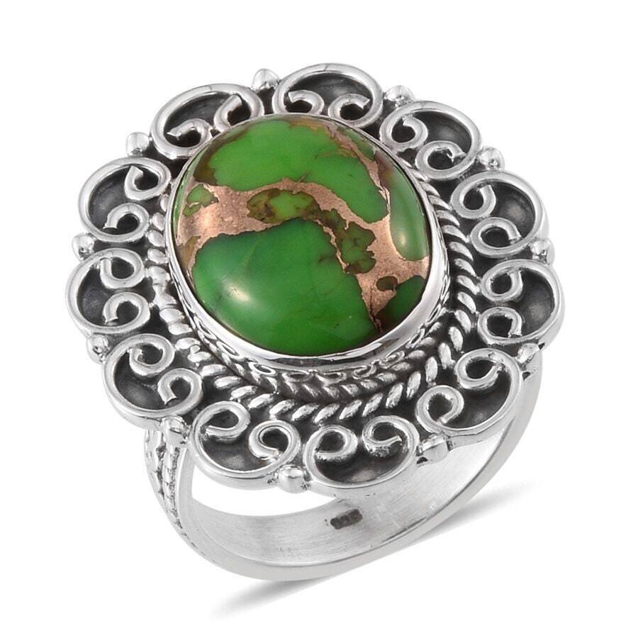 Solid 925 Sterling Silver Rings For Women Composite Turquoise Ring Green Oval Cabochon Handmade Gemstone Jewelry Engagement Anniversary Gift