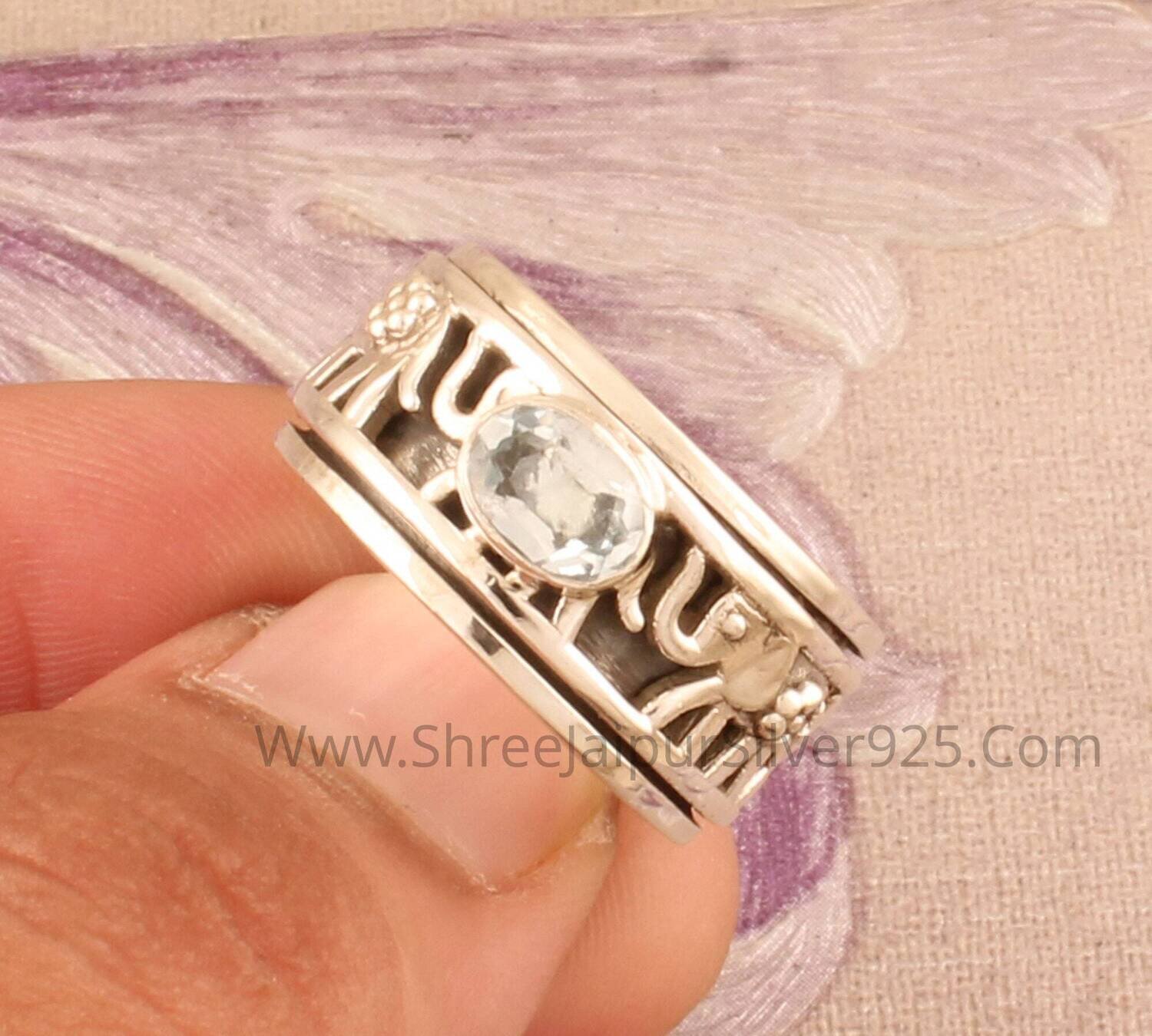 Blue Topaz Gemstone Silver Spinner Ring, 925 Sterling Silver Spinner Ring, Handmade Silver Elephants Ring, Christmas Gift For Women