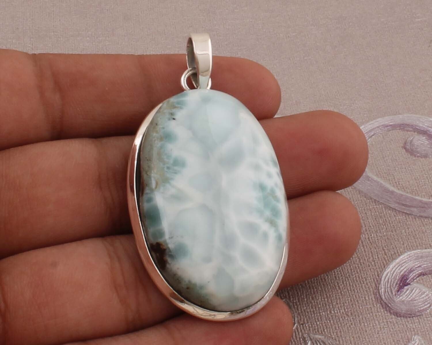 Natural Larimar Pendant 925 Sterling Silver Pendant For Women Blue Oval Handmade Gemstone 925 Silver Jewelry Rustic Art Deco Gift For Sister