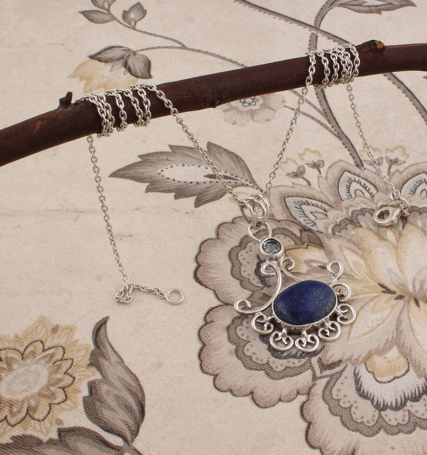 Combo Pendant Natural Lapis+Blue Topaz  Gemstone Necklace, Two Stone's Necklace 925-Sterling Solid Silver Necklace,Wedding Girls Necklace