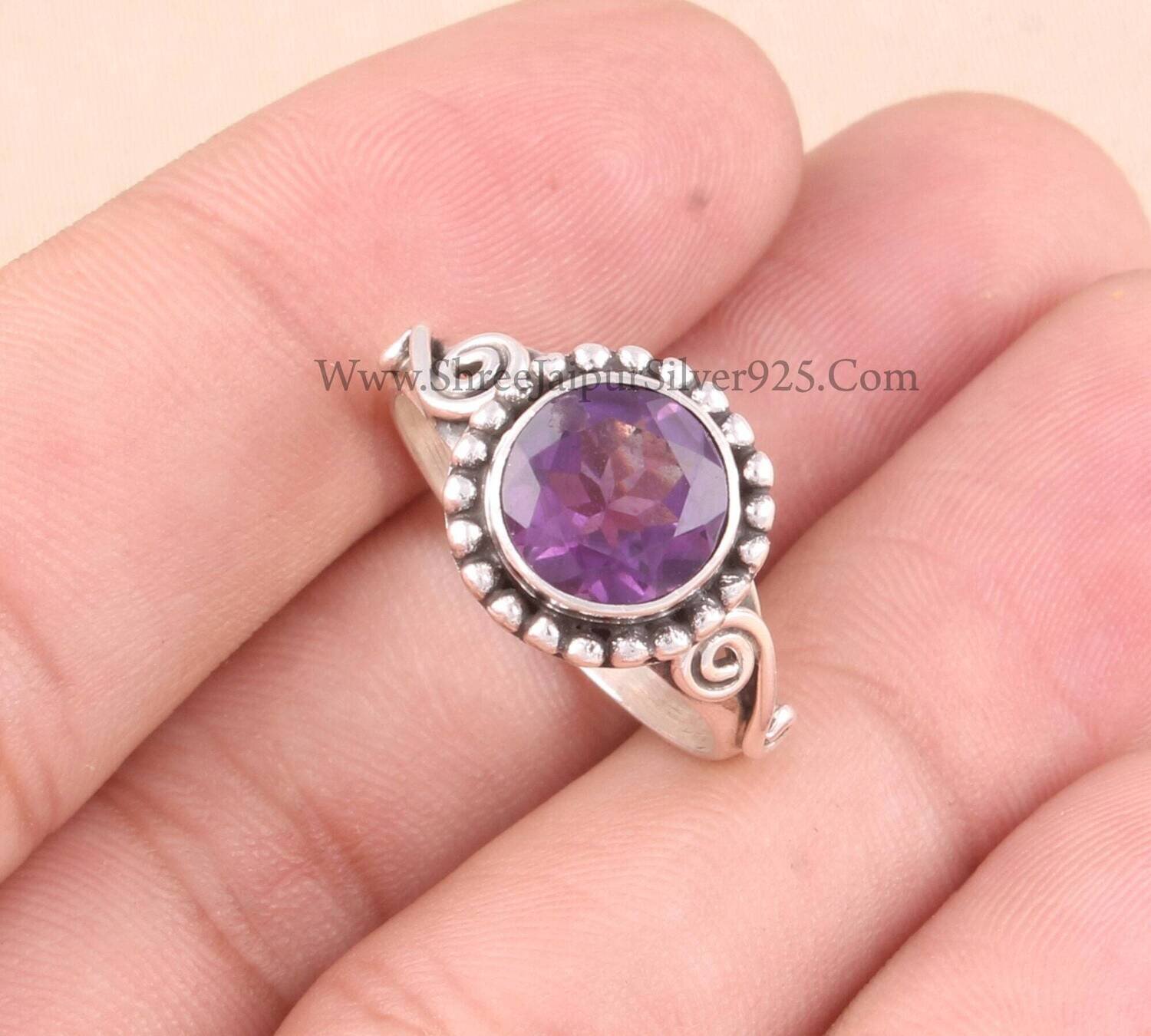AAA Amethyst Round Cut Stone Solid 925 Sterling Silver Ring For Women, Handmade Silver Designer Ring For Wedding Anniversary Gifts Idea