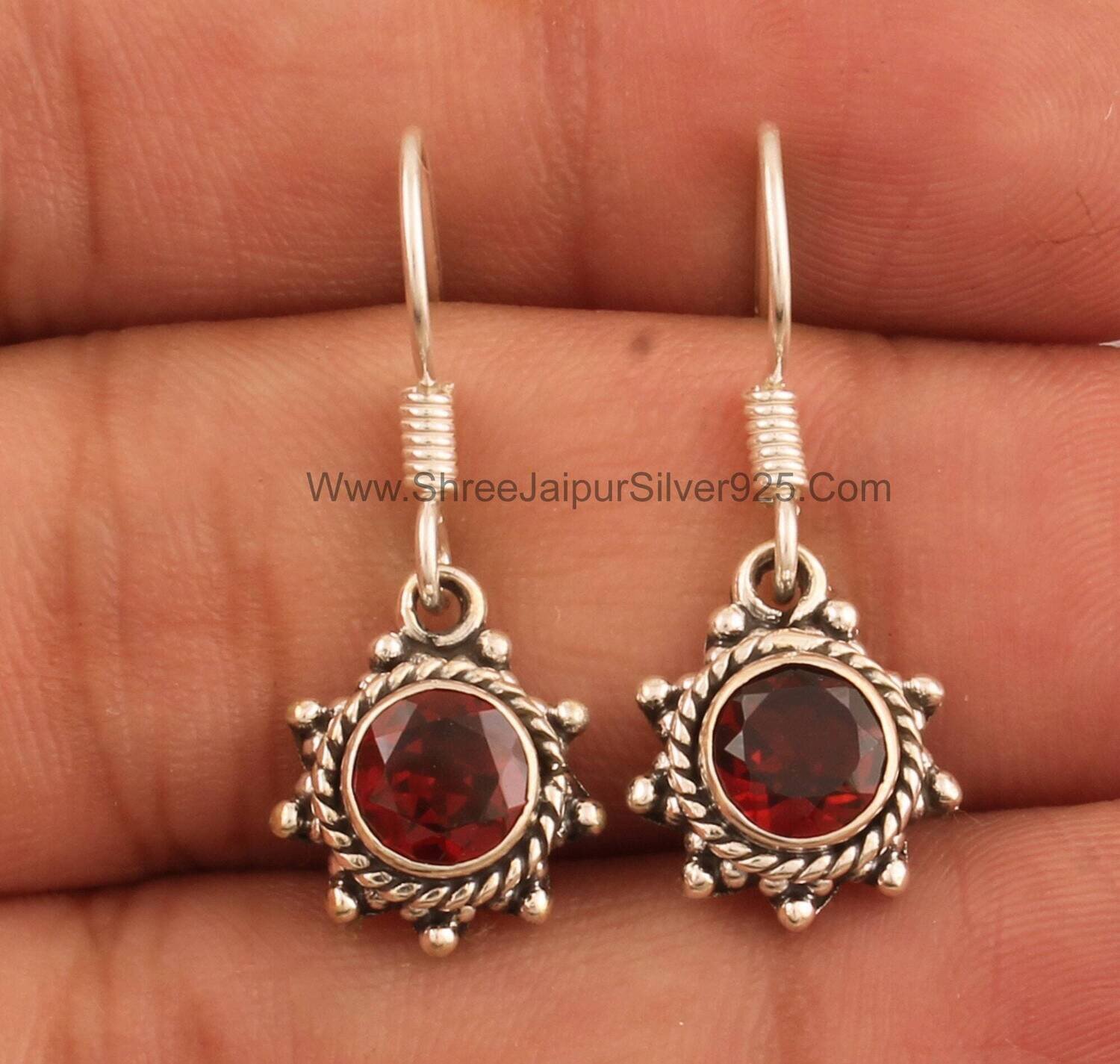 Natural Garnet Round Stone Solid 925 Sterling Silver Earrings For Women, Handmade Designer Silver Earrings For Wedding Anniversary Gift Idea