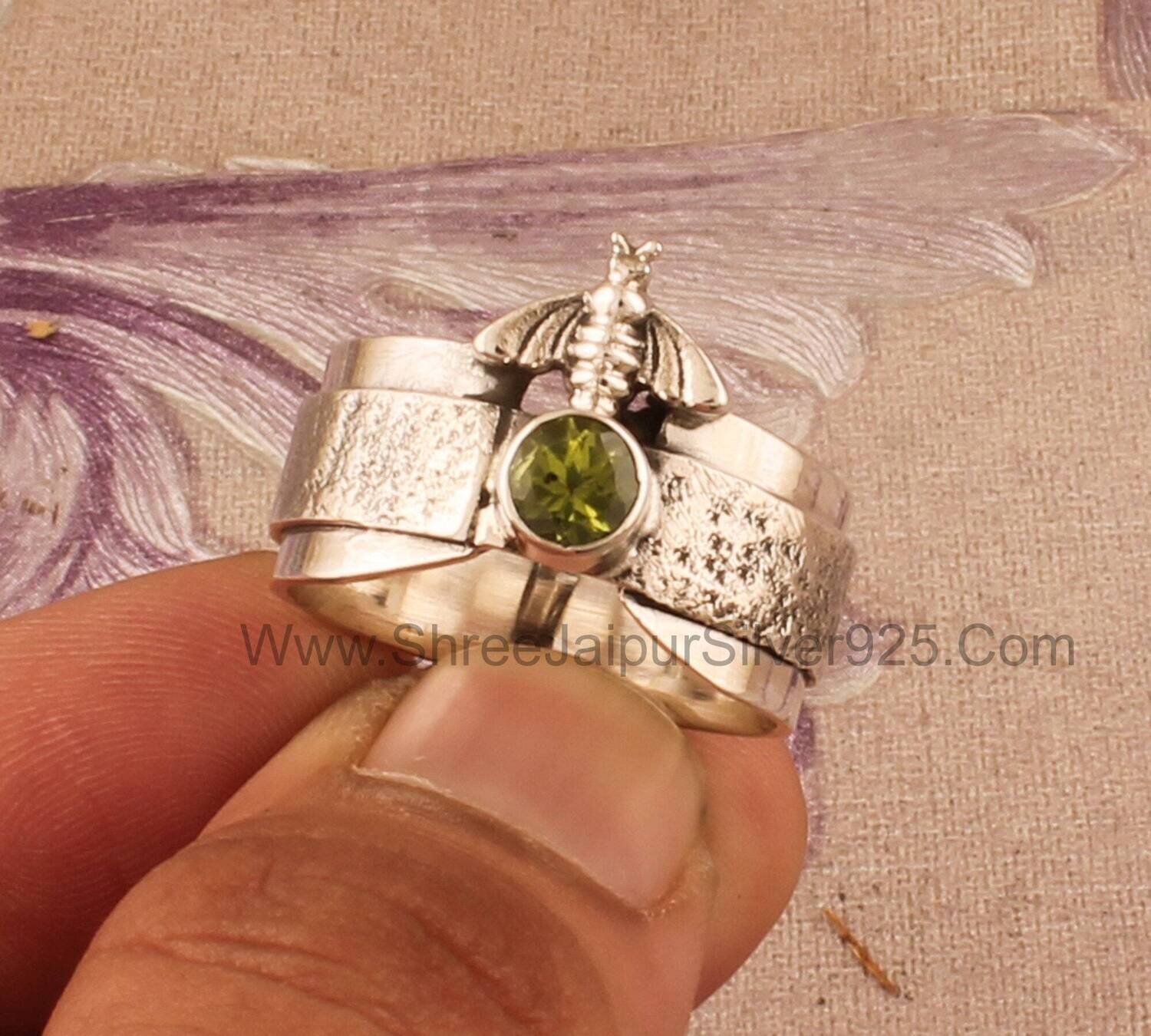 Natural Peridot Round Cut Solid 925 Sterling Silver Ring For Women, Handmade Silver Honey Bee Design Band Ring For Wedding Anniversary Gift