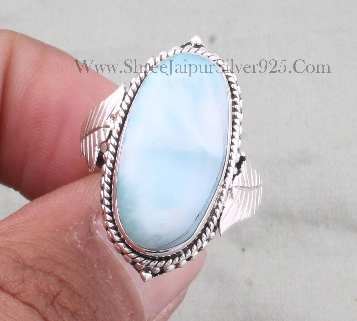 Designer Hand Carved Leaves Larimar Oval Shape Gemstone Ring, 925 Sterling Silver Big Stone Ring, Engagement Ring, Handmade Gemstone Ring