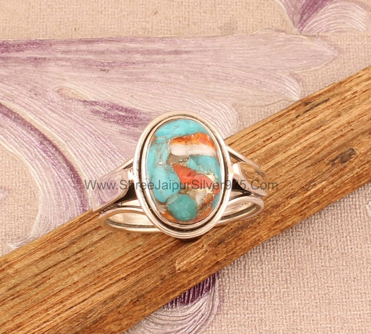 Oyster Copper Turquoise Solid 925 Sterling Silver Ring For Women, Handmade Mix Oyster Oval Stone Ring For Wedding Anniversary Gift For Her