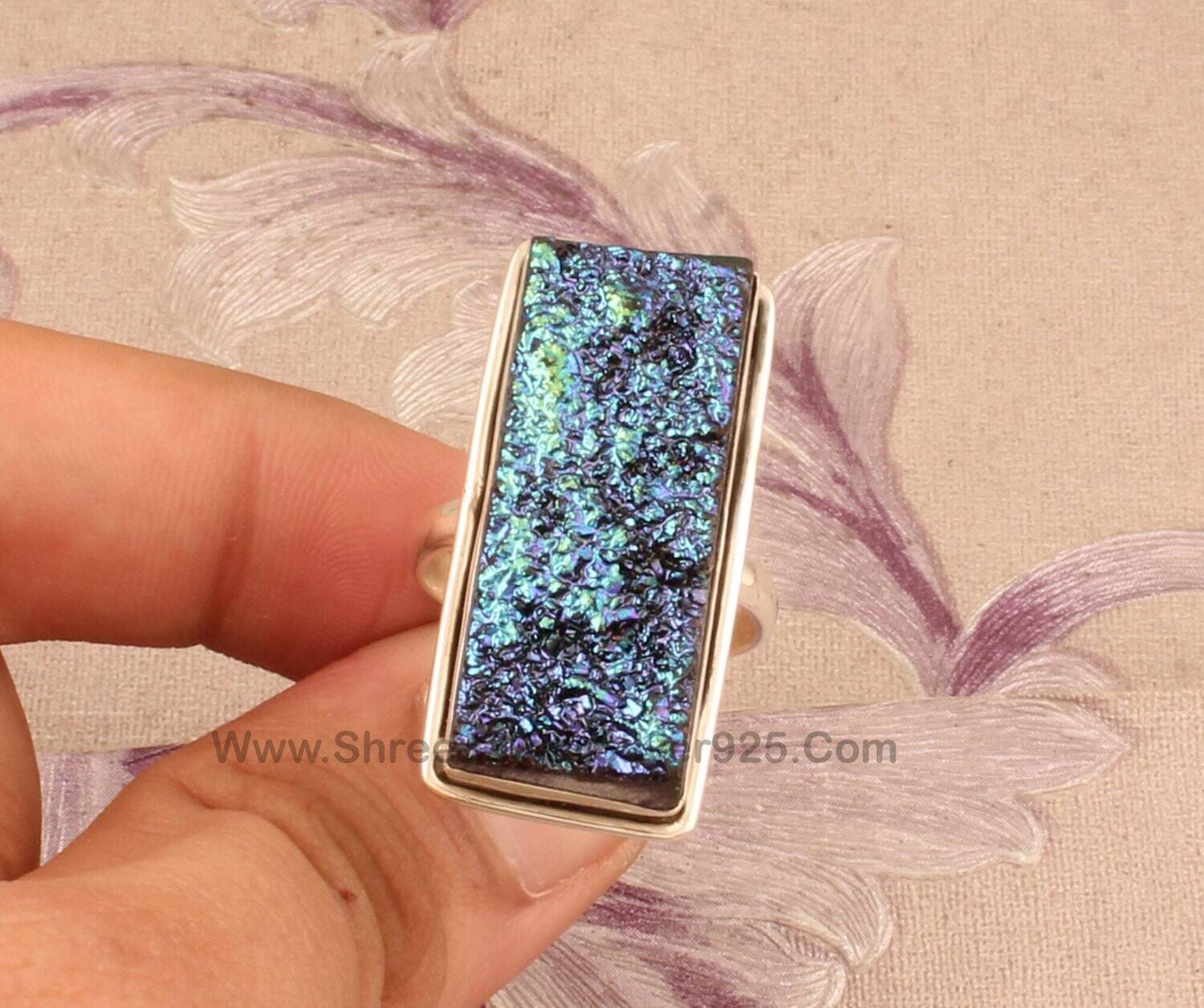925 Sterling Silver Rings For Women, Titanium Druzy Ring, Blue Rectangle Handmade Blue Druzy Gemstone Ring, Engagement, Vintage, Boho, Gift