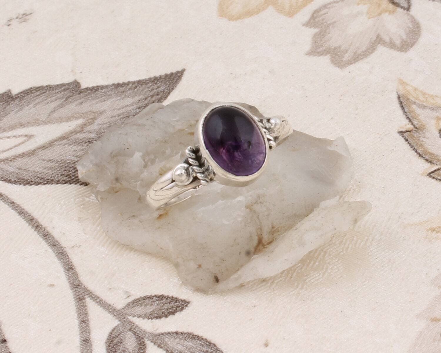 Solid 925-Sterling Silver Ring With Natural Amethyst Gemstone Handcrafted Ring Cabochon Stone Boho Ring-Ring Finger Ring Gift For You !
