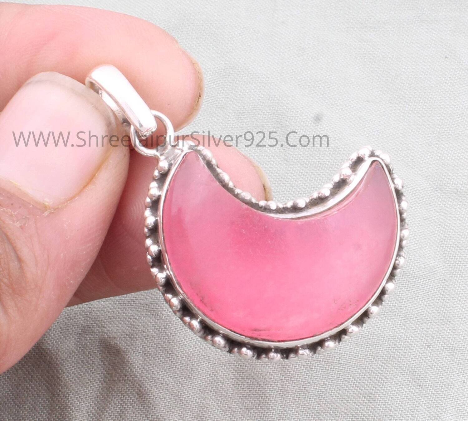 925 Sterling Silver Gemstone Moon Necklace, Large Pink Jade Moon Sterling Silver Pendant, Jade Pendant, Silver Dotted Pendant, Gift For Her