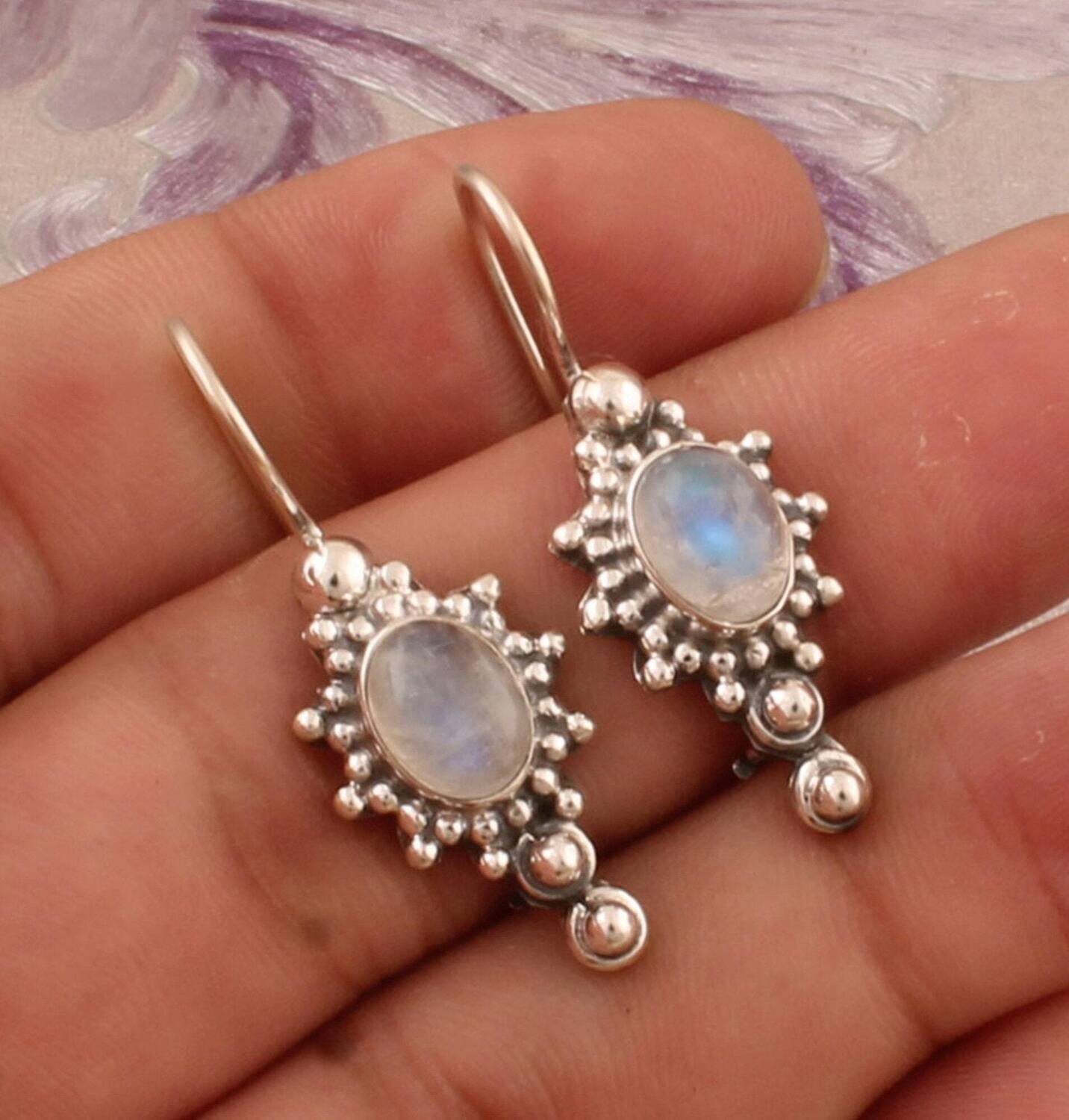Silver Natural Multi Gemstone Earrings, Designer Dotted Silver Earrings, 925 Sterling Silver Earrings, Handmade Wedding Earring Gift For Her