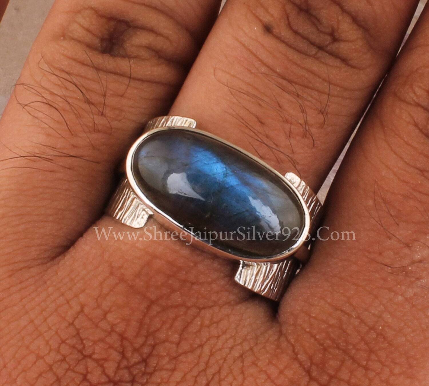 Natural Labradorite Silver Band Ring, 925 Sterling Silver &amp; Brass Labradorite Ring, Designer Handmade Gemstone Ring, Christmas Gift For Her