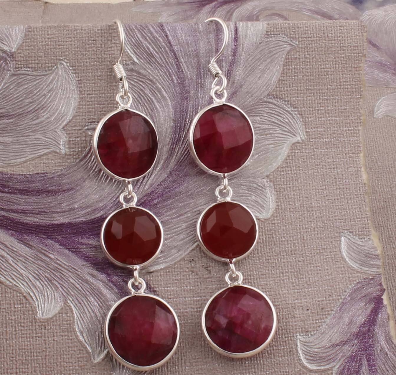 Natural Red Onyx+Ruby Gemstone Earring 925-Sterling Solid Silver Earring,Anniversary Gift Earring,Combo Three Stone Earring Long Earring