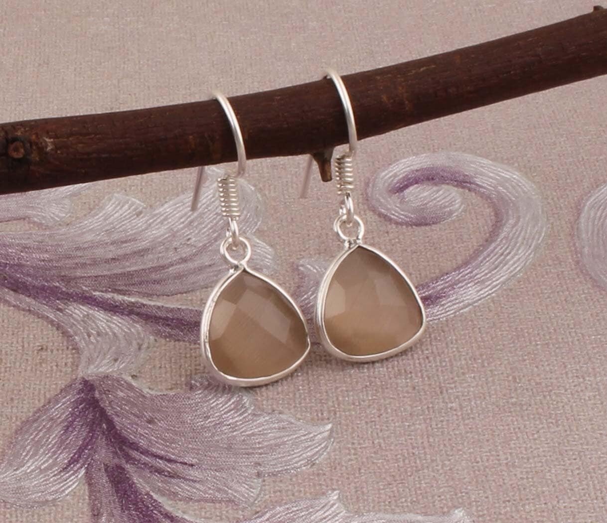 Top Quality Peach Moonstone Cut Opaque Stone Earring 925-Sterling Silver Earring,Antique Silver Earring,Wedding Earring Gift  Earring