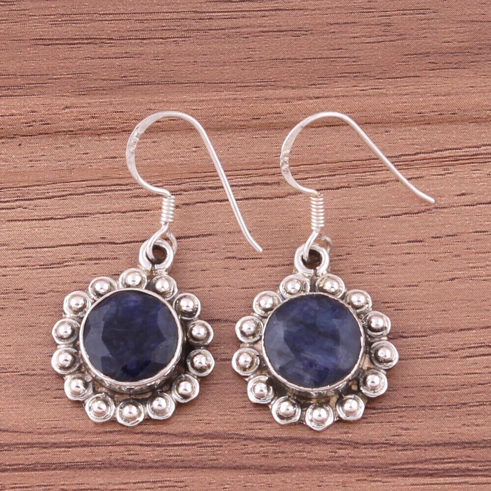 Round Shape Earring With Natural Lapis AAA+Quality Gemstone Handcrafted Earring Charm &amp; Boho Earring 925-Sterling Solid Silver Earring