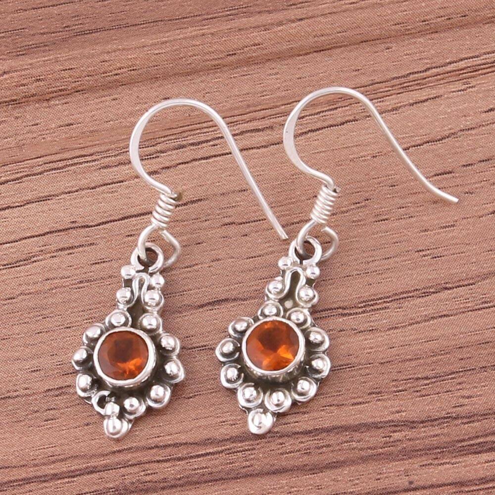 CITRINE 925 Silver Sterling Earring Whit Natural Citrine Gemstone Earring Cabochon+Round Shape Stone AND Silver Color Earring Handmade &amp; Cha