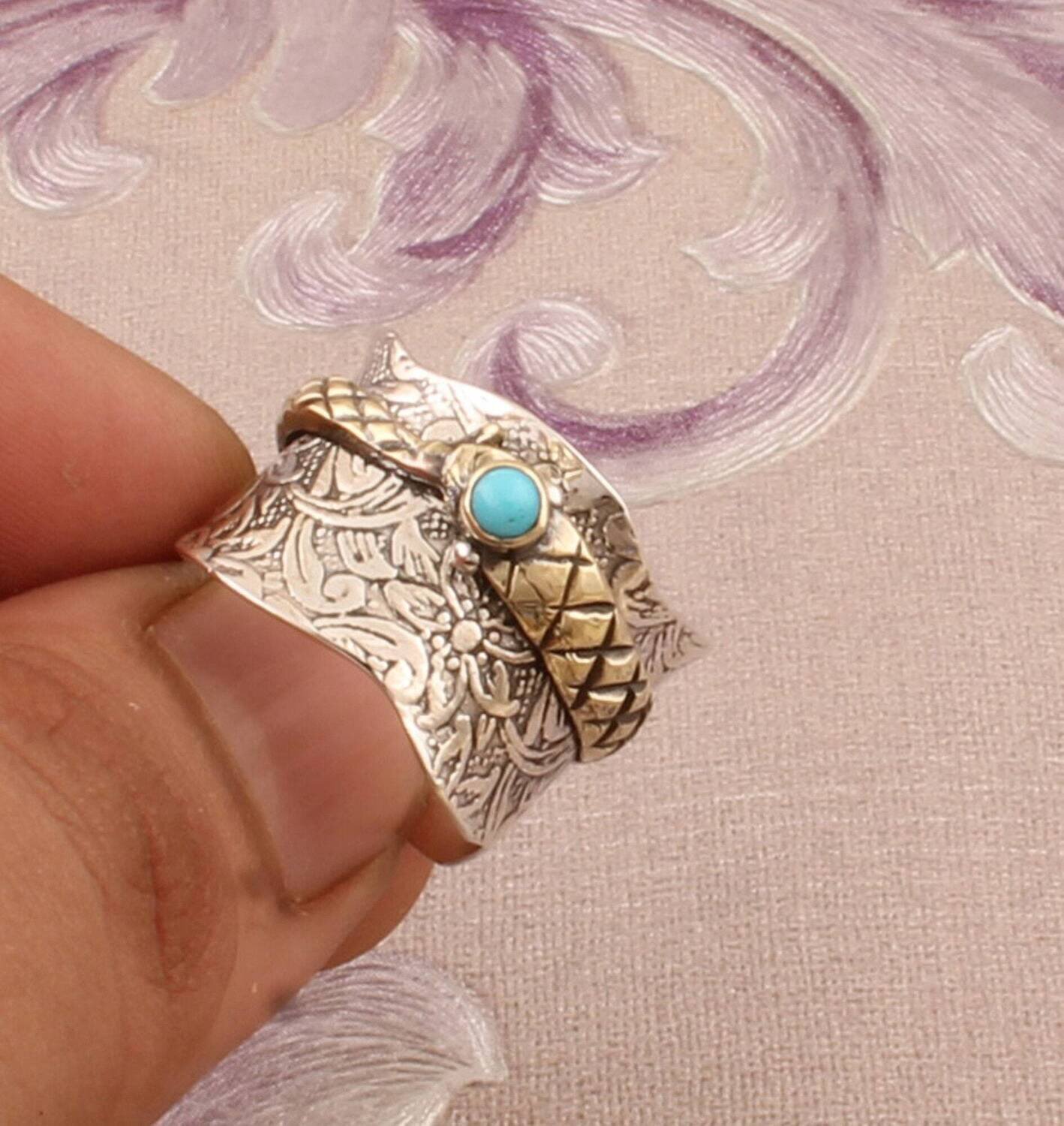 925 Sterling Silver Turquoise Spinner Ring, Designer Carved Band Ring, Handcrafted Thumb Silver Ring, Silver &amp; Brass Ring, Gift Idea