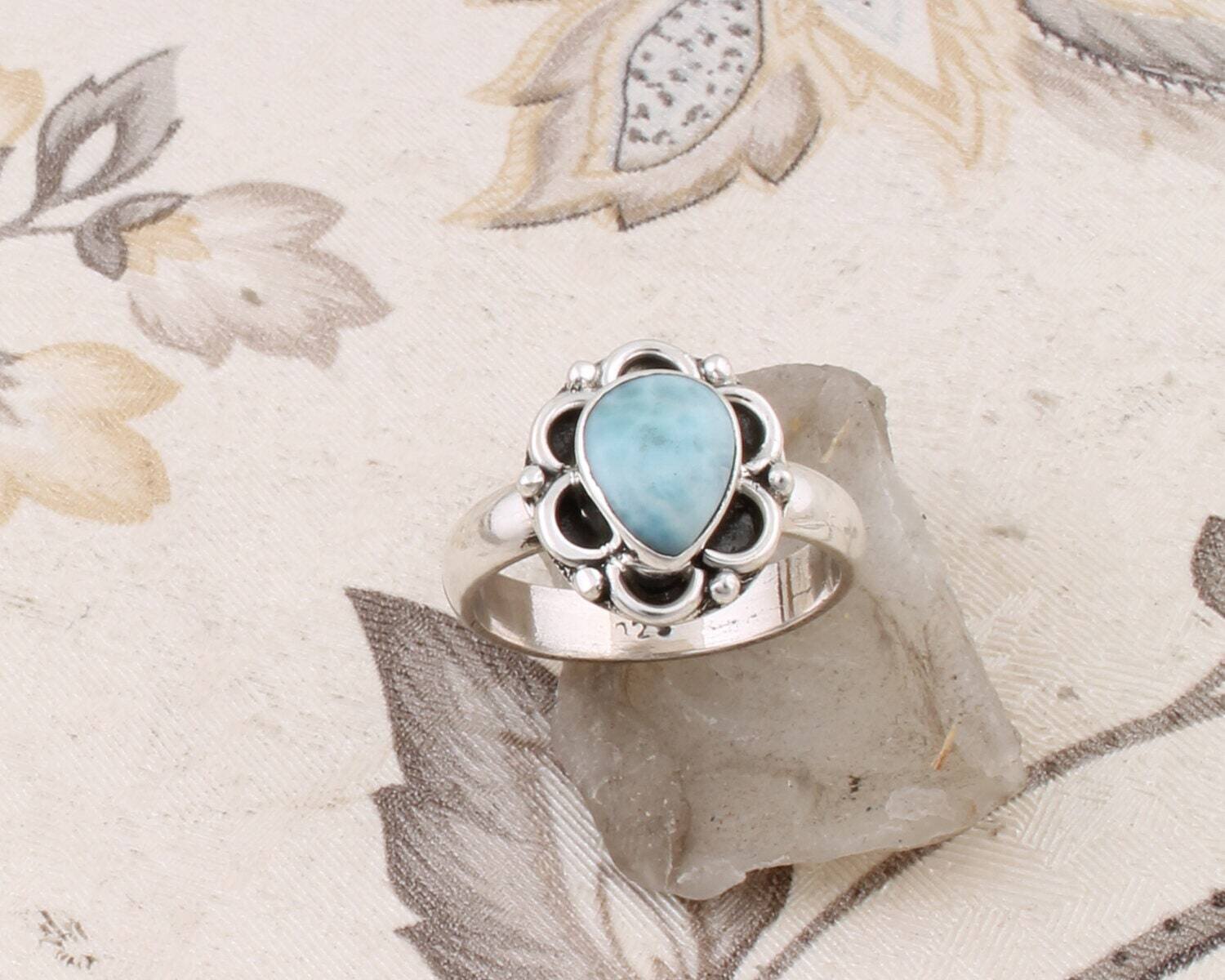 Larimar Gemstone Ring Cabochon Stone Boho Ring Solid 925- Sterling Silver Ring,Girls Middle Finger RingCyber2021Bestseller2021EtsyBirthstone