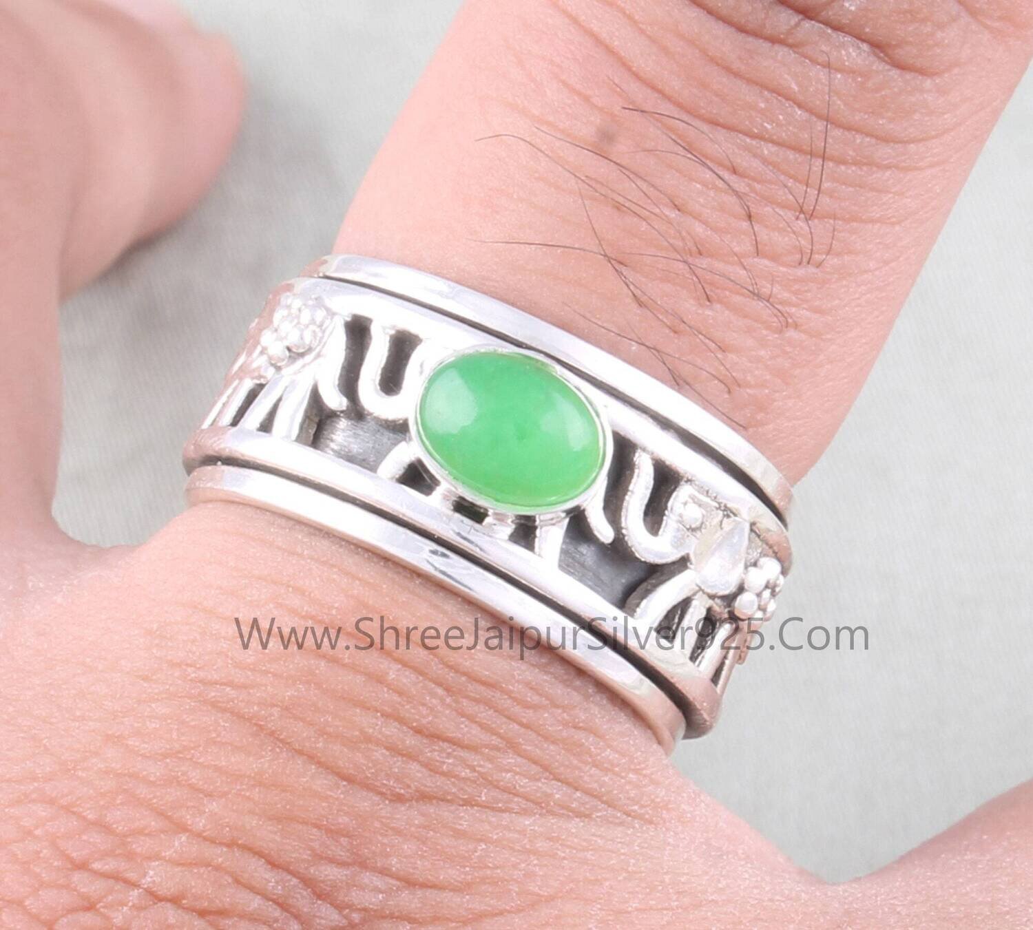 Green Jade Oval Solid 925 Sterling Silver Elephant Spinner Ring For Women, Handmade Band Anxiety Fidget Ring For Wedding Anniversary Gifts