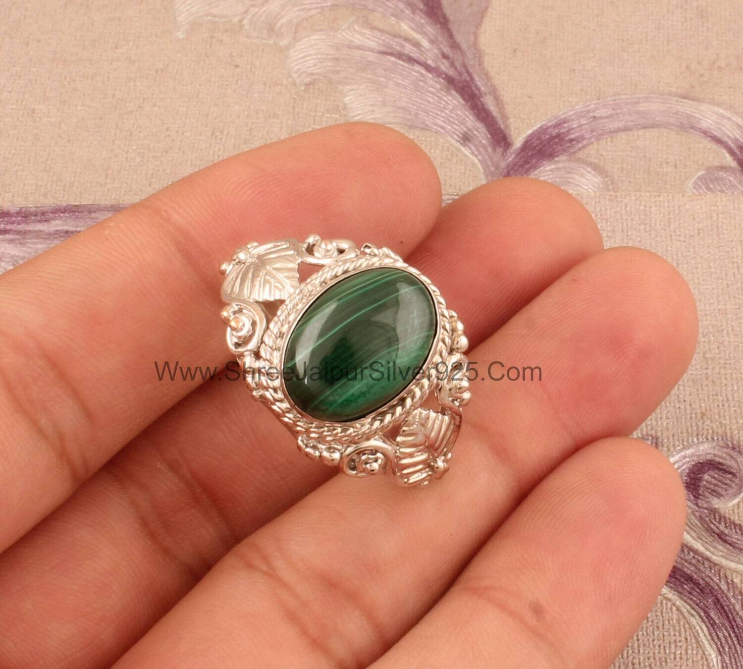 Natural Malachite Solid 925 Sterling Silver Ring For Women, Bridal Handmade Silver Engraved Leaves Ring For Wedding Anniversary Gift For Her